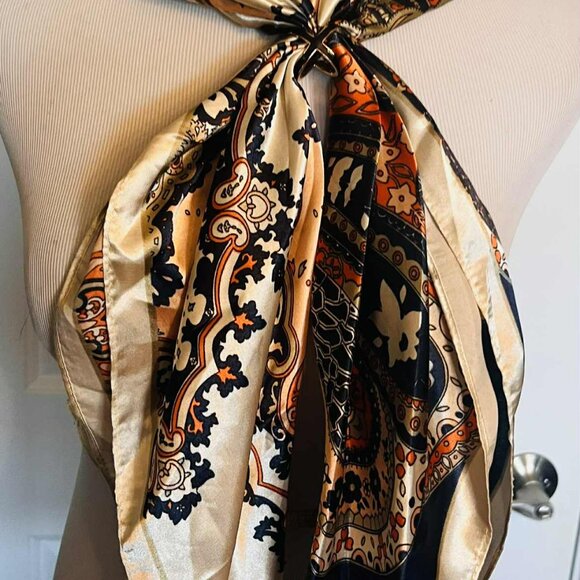New Elegant Baroque-Pattern Scarf — Faux Silk Square (90×90 cm, Made in China, N - Picture 2 of 10